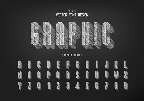 chalk shadow font and alphabet vector, Pencil sketch tall typeface letter and number design vector