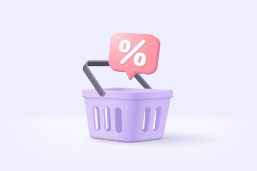 3d shopping bag with price tags for online shopping and digital marketing concept. Basket and promotion tag on white background. Shopping bag for buy, sale, discount. 3d vector icon illustration