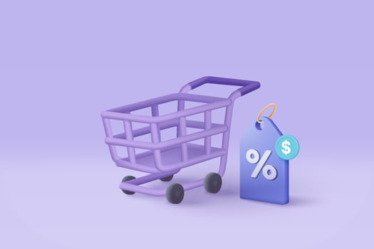 3D shopping cart with price tags for online shopping and digital marketing ideas. basket and promotional labels on purple background shopping bag buy sell discount 3d vector icon illustration
