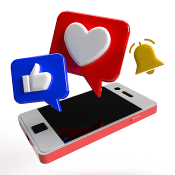 3d Smartphone Love Heart Bell Like hand and speech Bubble PNG