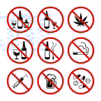 Sign forbidden drugs and alcohals in red crossed out circle, no drugs, no alcohol, no smoke vector
