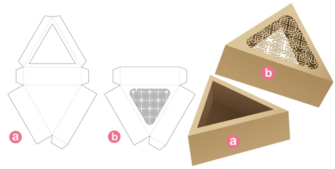 Triangular tray with stenciled pattern lid die cut template and 3D mockup vector