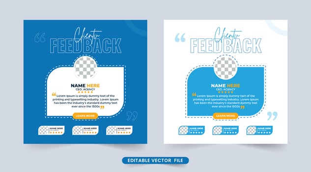 Customer feedback review or testimonial with rating section. Customer feedback testimonial with quote and photo placeholder. Client testimonial design with blue and yellow colors. vector