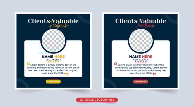 Customer service feedback and work review layout vector. Business client testimonials with photo and quote placeholders. Customer feedback review or testimonial template design vector. vector