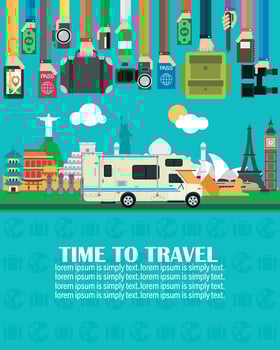 Time to travel, with camper, trailer, around the world. Lorem ipsum is simply text vector