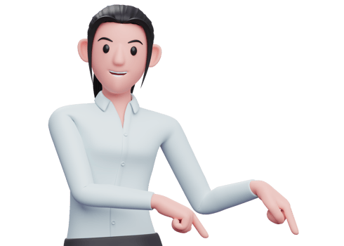 3d Business woman pointing to bottom right corner suggesting audience to subscribe, 3D render business woman character illustration png