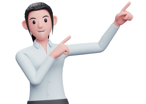 3d Business woman raising both hands pointing to the top right corner, 3D render business woman character illustration png