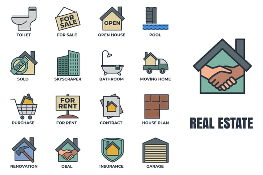 Set of Real Estate icon logo vector illustration. House pack symbol template. pool, contract, deal, for rent, renovation and more for graphic and web design collection