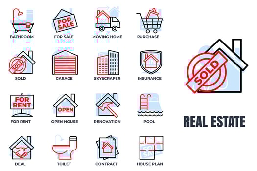 Set of Real Estate icon logo vector illustration. House pack symbol template. pool, contract, deal, for rent, renovation and more for graphic and web design collection