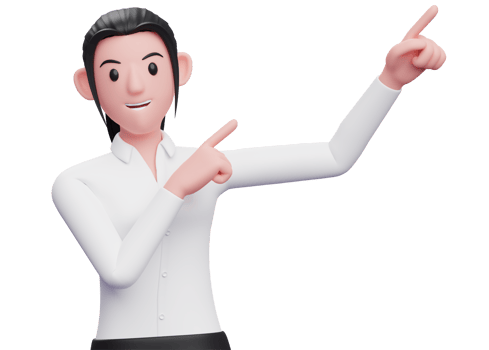 Business woman raising both hands pointing to the top right corner wearing white shirt, 3D render business woman character illustration png