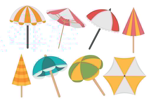 A set of beach umbrellas. Doodle flat clipart. All objects are repainted. vector
