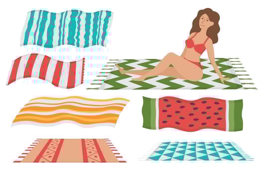 Girl with a set of beach towels for sunbathing. Doodle flat clipart. All objects are repainted. vector