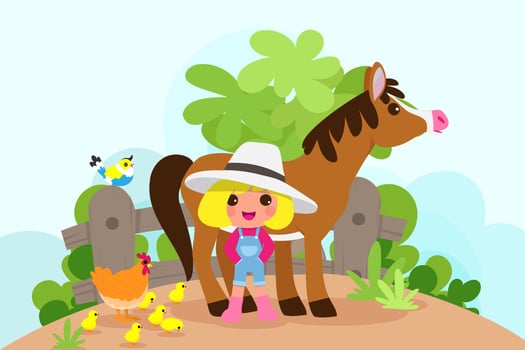 Cute animals in ranch, Farm and agriculture. illustrations of village life and objects Design for banner, layout, annual report, web, flyer, brochure, ad. vector