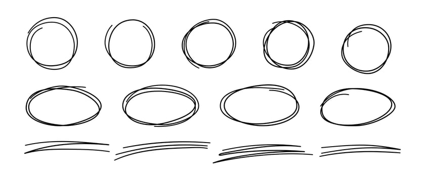 Hand drawn scribble lines, circles and ovals. Doodle sketch underlines. Highlight circle frames. Ellipses in doodle style. Set of vector illustration isolated on white background