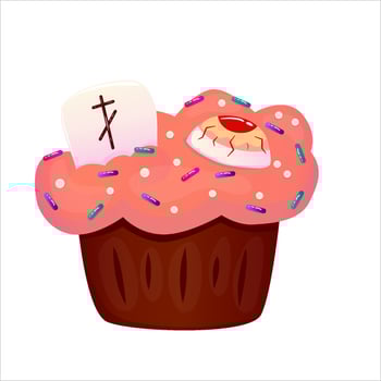 Halloween cake with eyeball and tombone isolated. Cartoon halloween cake for decoration design. Vector illustration design. Sweet dessert for the holiday with puffed rice and sprinkles.