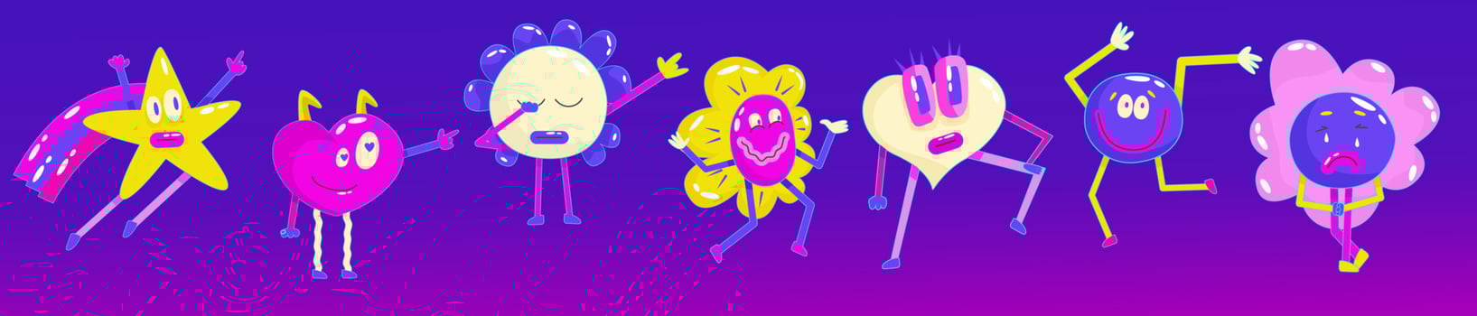 Contemporary various smile set in retro comic style. Psychedelic emotions smile, hero, sad character. Modern retro abstract design. Round, star, daisy flower and heart character emoji. vector