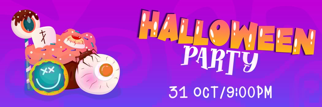 Happy halloween template banner background with sweet and candy, cake. Vector cartoon illustration. Dark purple background. Happy halloween. Vector design.