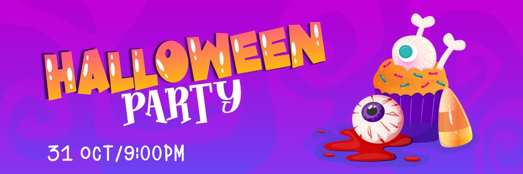 Happy halloween template banner background with sweet and candy, cake. Vector cartoon illustration. Dark purple background. Happy halloween. Vector design.