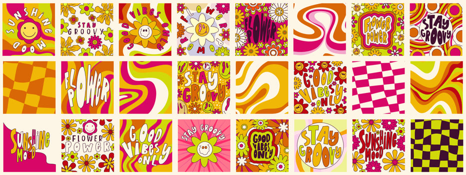 Daisy Flowers, Trippy groovy poster set for print design quote. Psychedelic hippy groovy print. Template poster vector illustration. Abstract vector pattern. Wavy Swirl, checkerboard, btight color