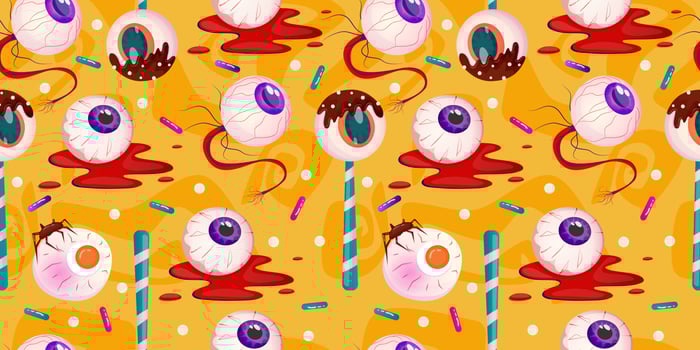 Cartoon seamless pattern halloween sweet dessert. Fantasy eyeball, blood, lollipop colorful illustration. Cartoon vector illustration. Happy halloween holiday