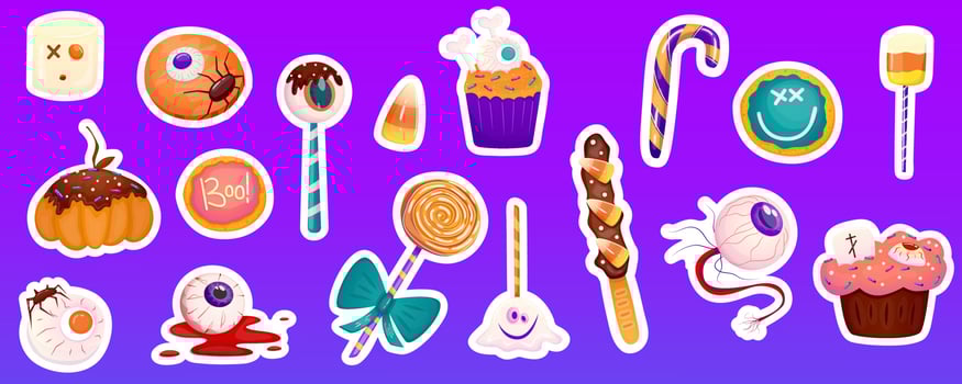 Cartoon halloween sticker with eyeball, sweet dessert, candy corn. Vector cartoon illustration. Happy halloween holiday sticker set