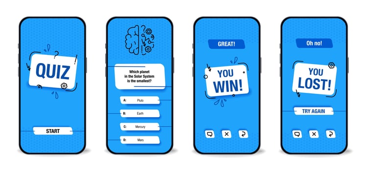 The template of the mobile application interface for the quiz on a blue background. Test, exam, questions and answers for a TV show. Vector illustration of EPS10