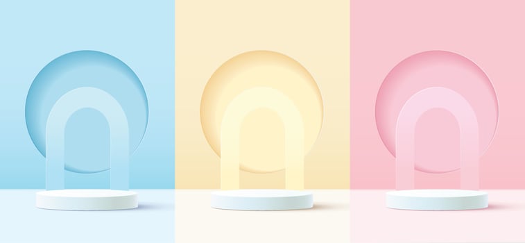 Set of abstract 3D background with realistic blue, yellow, pink, cylinder pedestal podium. circle backdrop. Minimal scene mock up product, stage showcase, promotion display. vector geometric forms.