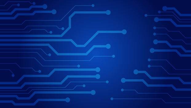 Hi tech digital circuit board. AI pad and electrical lines connected on blue lighting background. futuristic technology concept vector