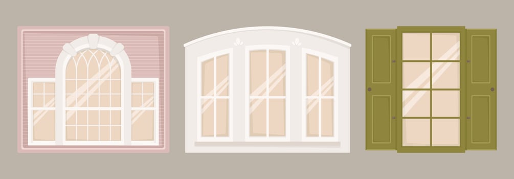 Vector illustration set of architectural images. Windows of various shapes and sizes in a classic style. Exterior and decor of buildings.