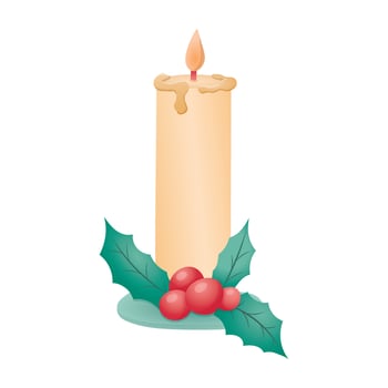 Vector isolated cartoon illustration of traditional Christmas candle with holly branch with leaves and red berries.