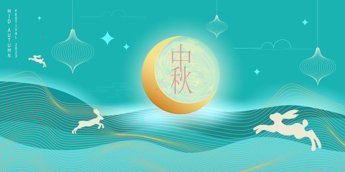 Banner design for the Mid-Autumn Festival. Full moon, hills with jumping hares. traditional elements. Translation from Chinese - Mid-Autumn Festival. Vector illustration