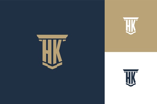 HK monogram initials logo design with pillar icon. Attorney law logo design vector