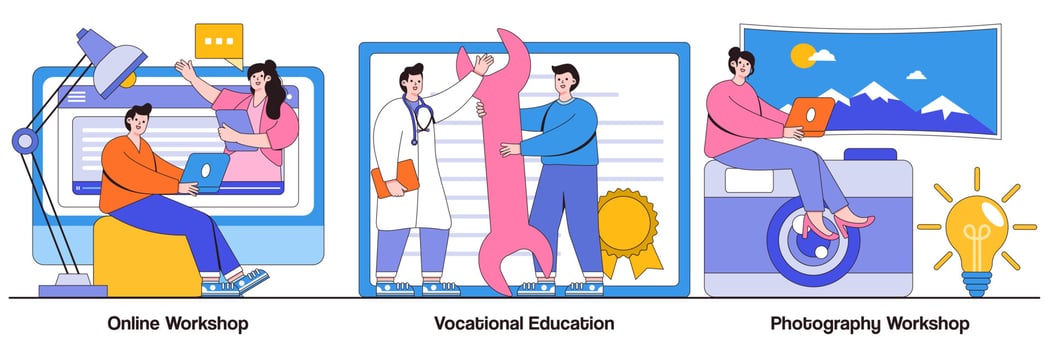 Online workshop, vocational education, photography post processing concept with people character. Professional learning vector illustration set. Portfolio creation, student group, college metaphor