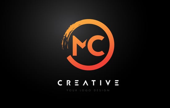 Orange MC Circular Letter Logo with Circle Brush Design and Black Background. vector