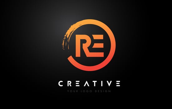Orange RE Circular Letter Logo with Circle Brush Design and Black Background. vector