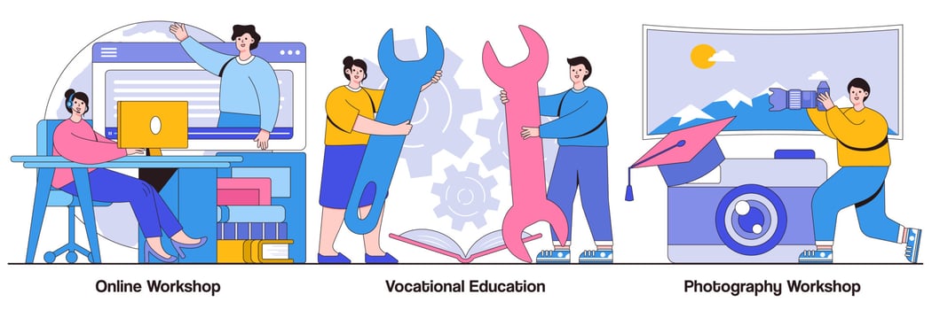 Vocational Education, Online, and Photography Workshop Illustrated Pack vector