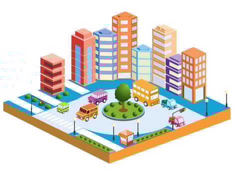 3D city with transport and buildings vector