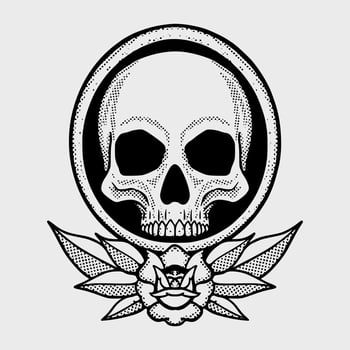 Skull flowers doodle black and white illustration hand drawn vector