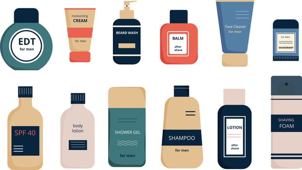 Set of products for men's face and body care. Male cosmetics. Tubes and bottles with inscription. Cream, gel, balm, lotion, foam. Vector illustration in flat style. Isolated on white background.