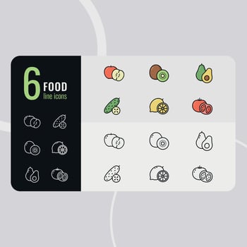 Set of fruits and vegetables line icon. symbol template for graphic and web design collection logo vector illustration. Apple, kiwi, lemon, avocado, tomato, cucumber. Colored, black white