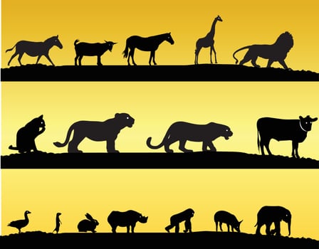 Animals silhouettes isolate on gold background vector