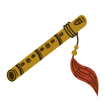 Pimak flute vector icon. Wooden musical instrument decorated with feathers, beads, leather. Indian pipe isolated on white. Tool for classical, folk melodies. For web, logo, apps, print