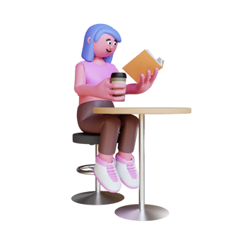 3d render women reading book and holding coffee cup png