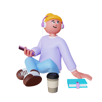 3d render women listening music with book and coffee cup png