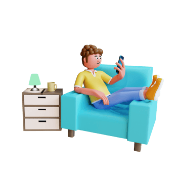 3d render young man relax on sofa and playing smartphone png