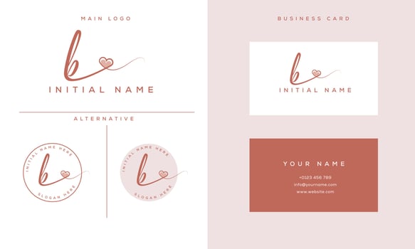 handwriting signature b logo initial with heart shape and business card vector