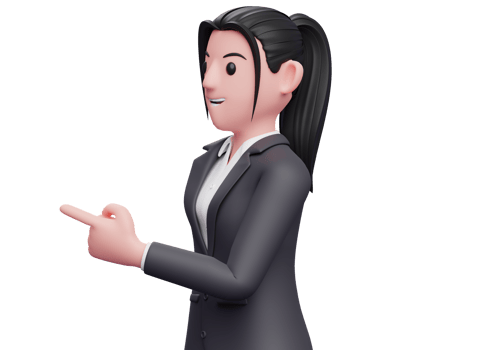 girl facing side and pointing, business woman in black formal suit illustration 3D rendering png