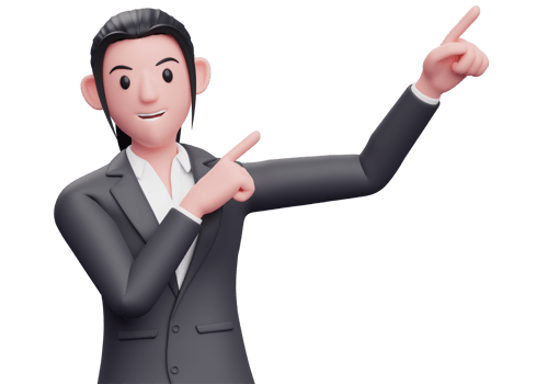 business woman in formal suit raising both hands pointing to the top right corner, business woman in formal suit pointing illustration png