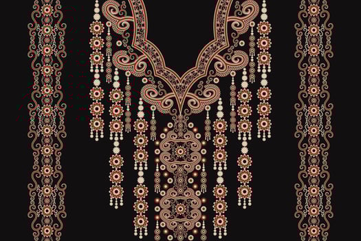 Ethnic neck embroidery floral shape red-gold color on black background. Tribal art shirts fashion. vector