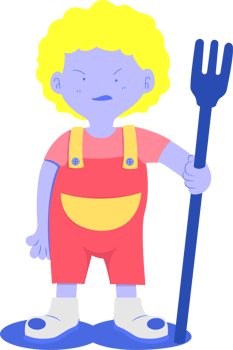 a yellow head kid standing holding a fork for agriculture png